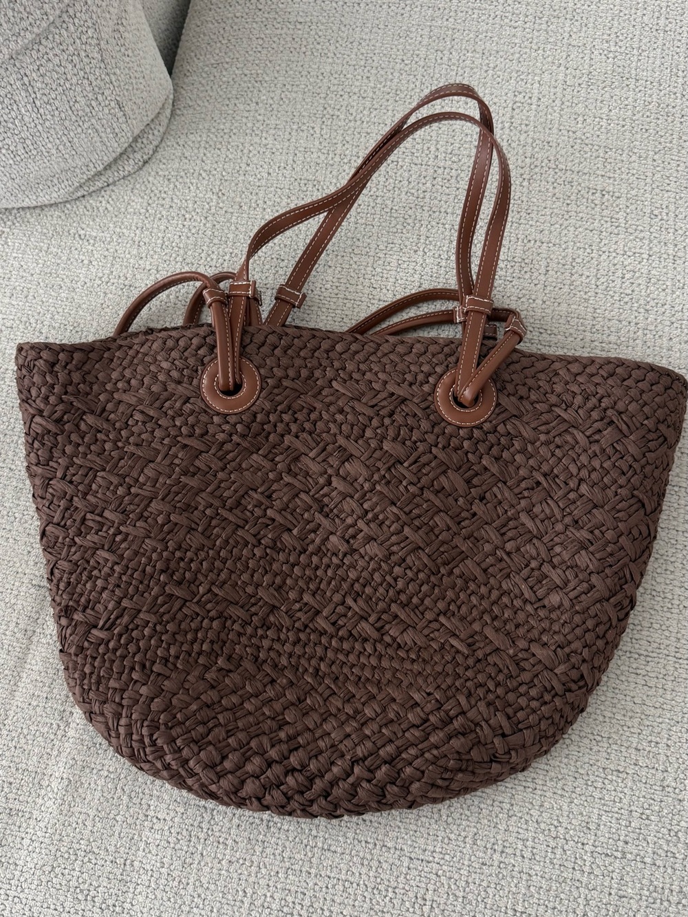 Woven Straw Tote Bag with Brown Leather Handles - Natural / Dark Brown - Picture 5 of 6